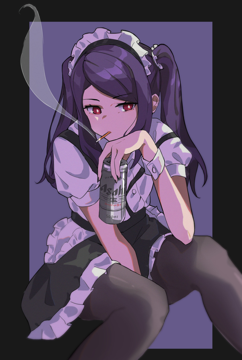 1girl absurdres alcohol asahi_breweries beer beer_can black_dress black_pantyhose bright_pupils can cigar dress drink_can hand_between_thighs hand_up highres holding holding_can jill_stingray long_hair pantyhose puffy_short_sleeves puffy_sleeves purple_background purple_hair red_eyes shirt short_sleeves sidelocks smoking solo suspenders suspenders_slip swept_bangs twintails user_xktd5287 va-11_hall-a white_pupils white_shirt wrist_cuffs