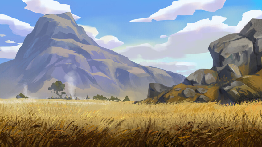 blue_sky chinnkun cloud grass grasslands landscape mountain no_humans original painterly rock sky tree village