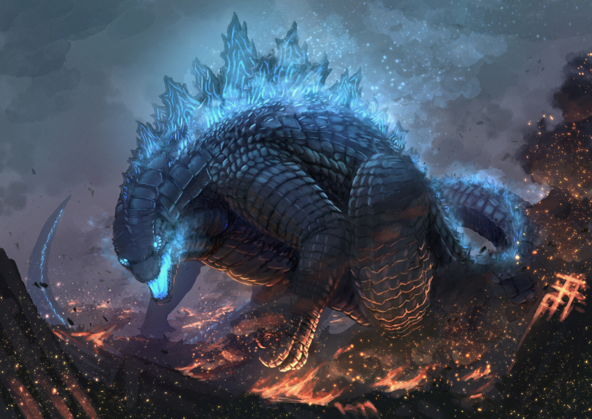 bioluminescence claws cloud fangs giant giant_monster glowing godzilla godzilla:_king_of_the_monsters godzilla_(monsterverse) godzilla_(series) harukaze_shizuru highres kaiju legendary_pictures monster monsterverse no_humans open_mouth scales sharp_teeth spines tail teeth toho