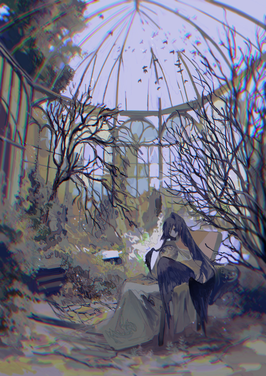 1girl absurdres bare_tree bird brown_eyes chair commentary commentary_request dome dress egg empty_eyes english_commentary expressionless feathered_wings flock hair_over_one_eye harpy highres holding holding_egg limited_palette monster_girl original overgrown plant ruins sitting stairs tree white_dress window wing-shaped_hair wings yukinoneko