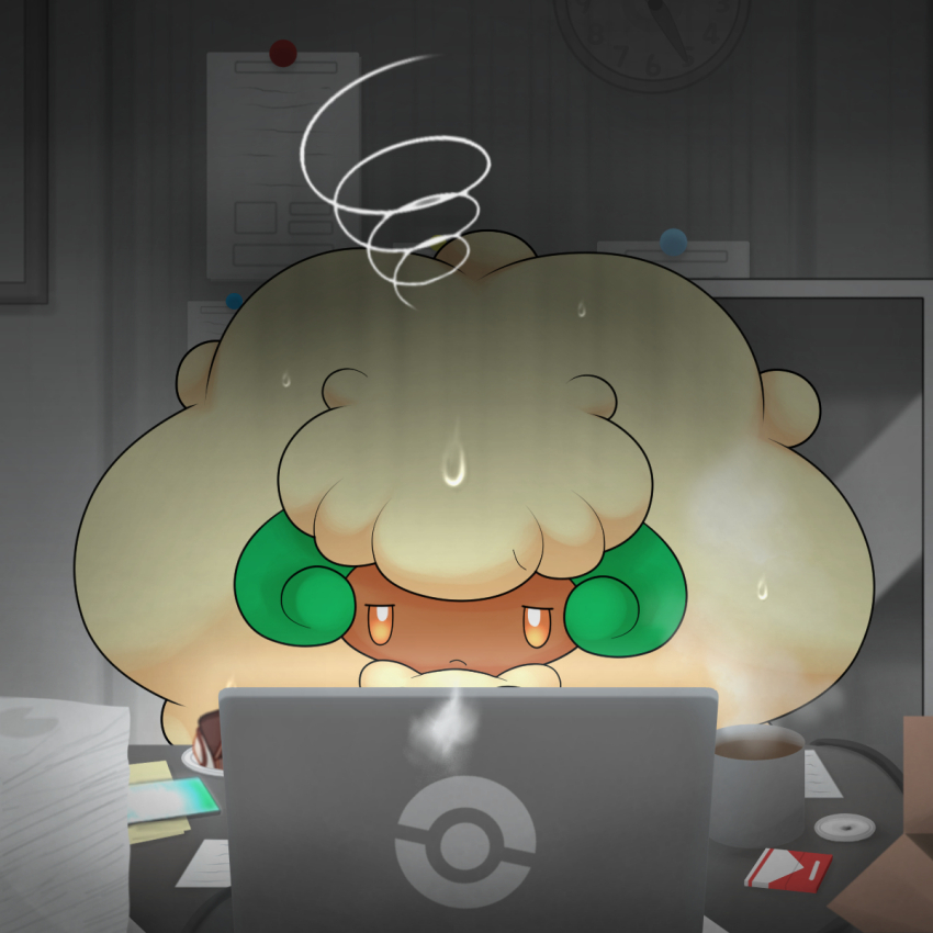 annoyed cigarette_pack clock coffee coffee_mug computer creatures_(company) cup eru1312 frown game_freak gen_5_pokemon highres horns indoors laptop long_hair mug nintendo no_humans office orange_eyes pokemon pokemon_(creature) pokemon_focus solo sweat very_long_hair whimsicott white_hair working