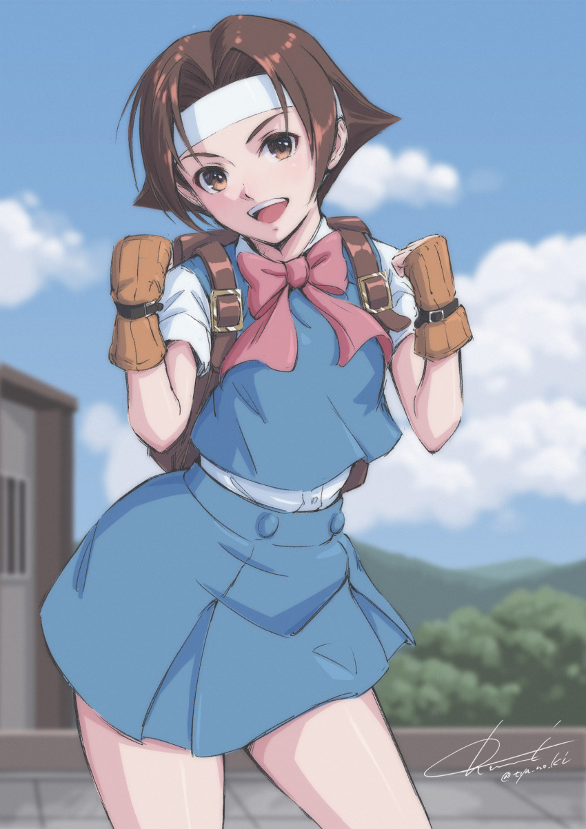 1girl :d absurdres blue_shirt blue_skirt bow brown_eyes brown_gloves brown_hair clenched_hands cloud day gloves headband highres justice_gakuen looking_at_viewer mixed-language_commentary open_mouth outdoors pink_bow rooftop school_uniform shirt short_hair short_sleeves signature skirt smile standing taiyou_gakuen_uniform tree tyanoki wakaba_hinata white_headband white_shirt