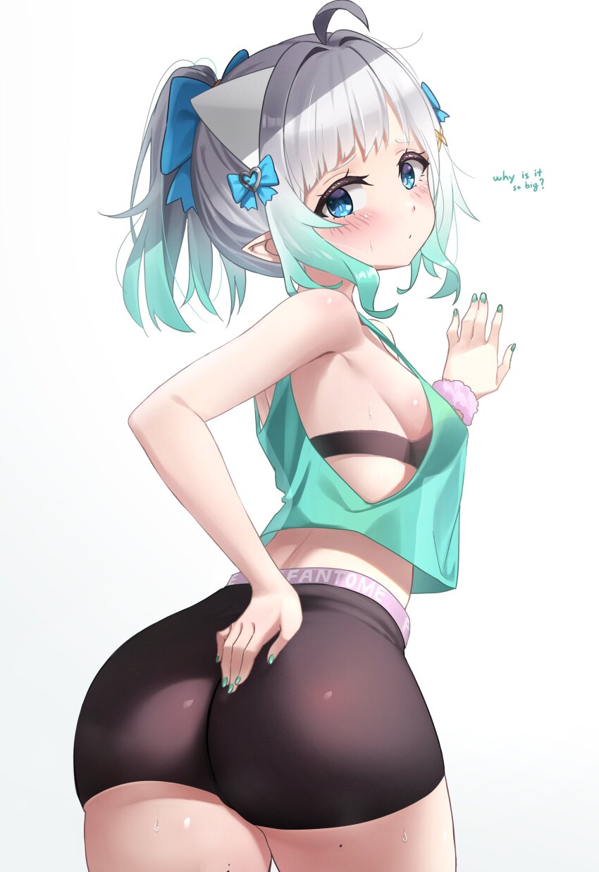 1girl absurdres ahoge ass black_bra black_shorts blue_bow blue_eyes blush bow bra breasts character_name clothes_writing crop_top english_text from_behind ghostenjoyerguy7007 gradient_hair green_hair green_nails green_tank_top hair_bow hair_ornament hairclip hand_on_own_ass hand_up hashtag-only_commentary highres indie_virtual_youtuber looking_at_viewer looking_back medium_breasts mint_fantome multicolored_hair nail_polish pointy_ears ponytail scrunchie short_hair short_shorts shorts sideboob sidelocks simple_background solo tank_top triangular_headpiece underwear virtual_youtuber white_background white_hair wrist_scrunchie x_hair_ornament