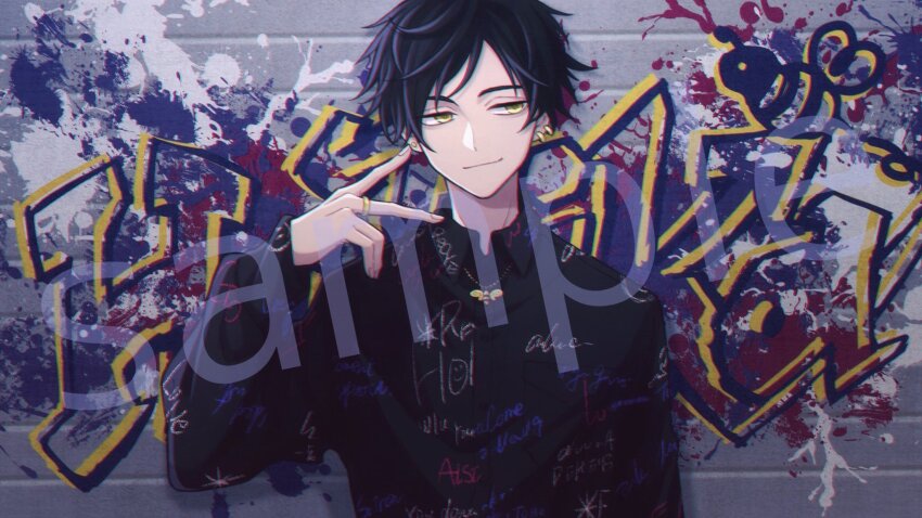 1boy against_wall black_hair black_shirt character_request closed_mouth collared_shirt commentary_request copyright_request english_text graffiti hand_up highres jewelry looking_to_the_side male_focus moxamog necklace print_shirt ring sample_watermark shirt short_hair smile solo upper_body v watermark yellow_eyes