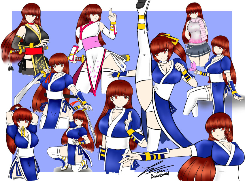 1girl bare_shoulders breasts brown_hair cleavage dead_or_alive dead_or_alive_4 exusiasword highres kasumi_(doa) kicking large_breasts long_hair miniskirt ninja panties scarf short_sleeves skirt sleeveless standing standing_on_one_leg sword thighhighs underwear weapon