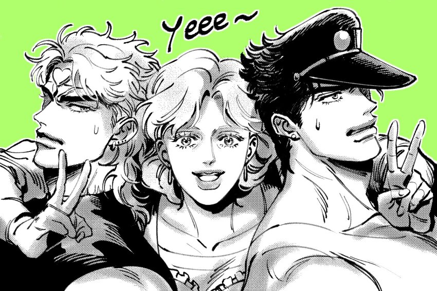 1girl 2boys collarbone dio_brando double_v green_background hat headband jojo_no_kimyou_na_bouken korean_commentary kuujou_holly kuujou_joutarou lemona633 lips looking_at_viewer mother_and_son multiple_boys muscular muscular_male shirt short_hair smile stardust_crusaders sweatdrop v