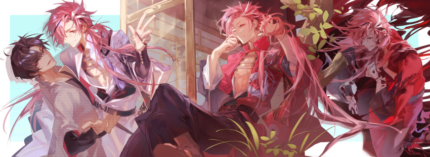 4boys absurdres black_hair black_pants black_shirt brown_hair collared_coat dragon_print earrings eyebrow_cut fate/grand_order fate_(series) grey_hakama hair_over_one_eye hakama highres jacket japanese_clothes jewelry kuaile_xiaogou_(xin69476) long_hair long_sleeves looking_at_viewer low_ponytail male_focus multicolored_hair multiple_boys multiple_persona nagatekkou pants pectoral_cleavage pectorals ponytail red_eyes red_hair shirt short_hair smile streaked_hair takasugi_shinsaku_(fate) takasugi_shinsaku_(first_ascension)_(fate) toned toned_male underpec white_hair white_jacket