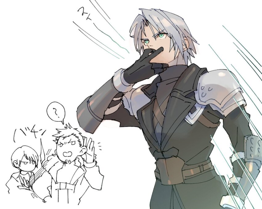 1girl 2boys ? annoyed arm_armor arm_up armor black_coat black_gloves black_sweater bracer chest_strap coat commentary_request determined facial_hair final_fantasy final_fantasy_vii final_fantasy_vii_ever_crisis fur-trimmed_jacket fur_trim glenn_lodbrok gloves green_eyes grey_hair hair_between_eyes hand_on_own_ear hand_on_own_face hand_up jacket long_sleeves lucia_lin male_focus motion_lines multiple_boys partially_colored pauldrons ryouto sephiroth sephiroth_(ever_crisis) short_hair shoulder_armor slapping slit_pupils sweater turtleneck turtleneck_sweater upper_body very_short_hair whistling