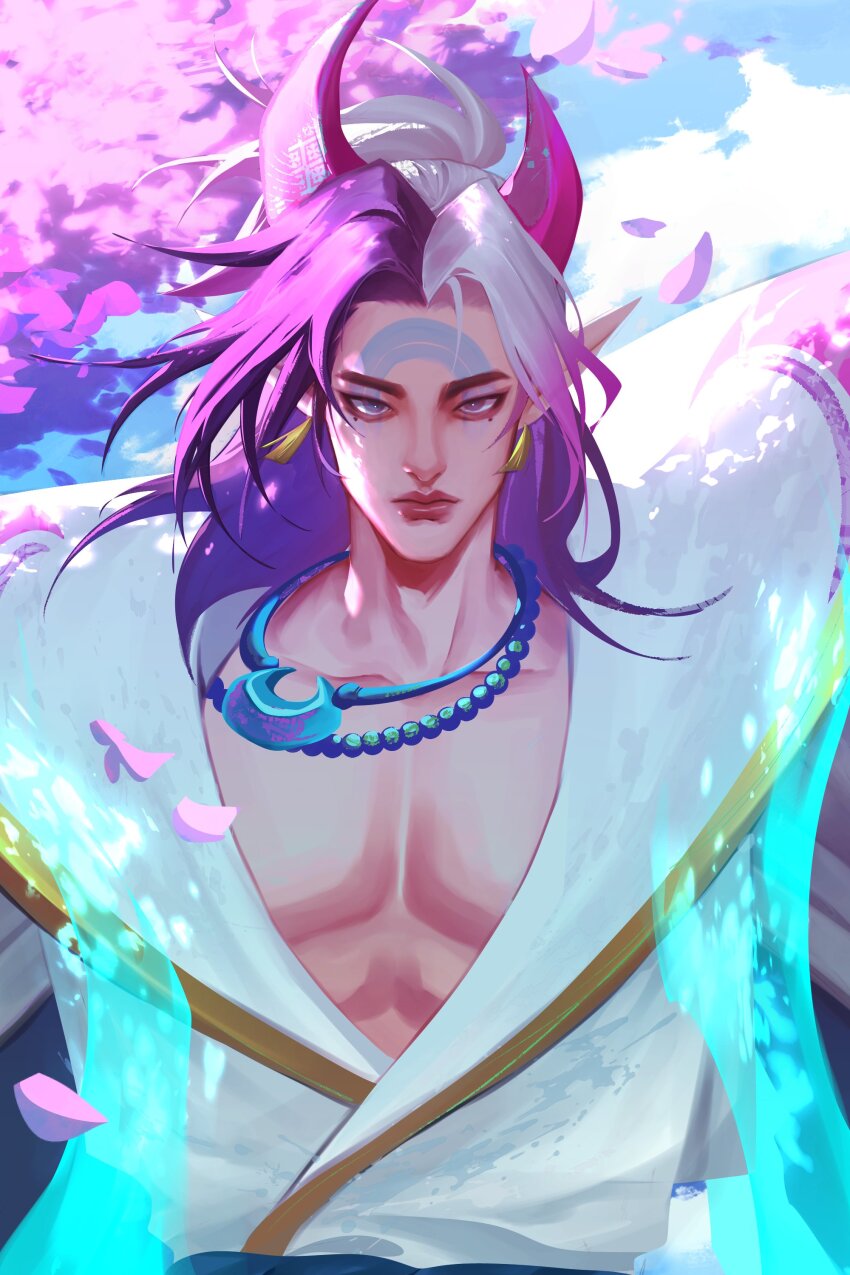 1boy abs absurdres aphelios asymmetrical_horns bead_necklace beads cherry_blossoms closed_mouth cloud commentary demon_horns ear_piercing earrings energy facial_mark gold_trim highres horns jewelry jjolee league_of_legends looking_at_viewer magic male_focus multicolored_hair necklace pectorals piercing pointy_ears purple_eyes robe sky solo spirit_blossom_(league_of_legends) spirit_blossom_aphelios straight-on tassel tassel_earrings upper_body white_robe