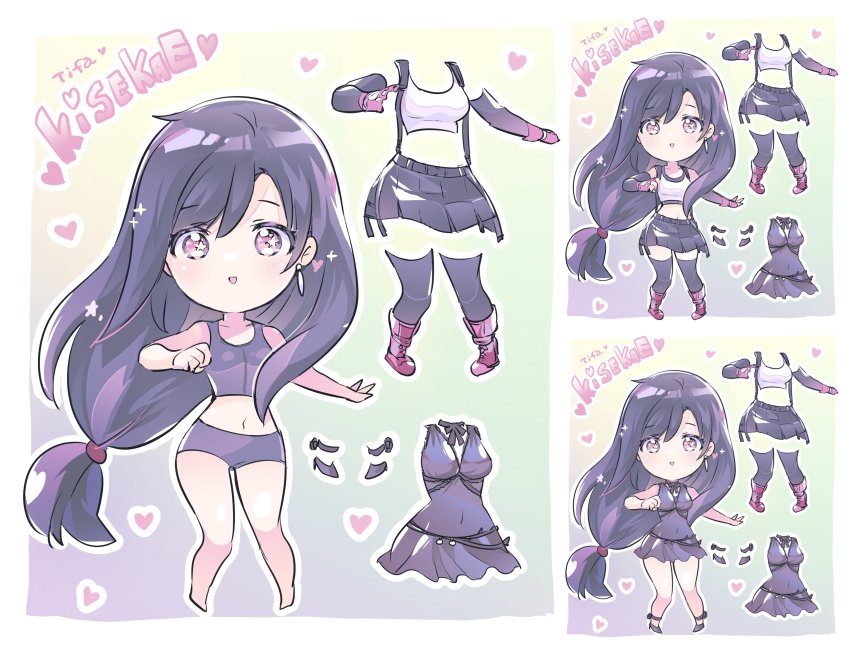 1girl absurdres bike_shorts black_hair breasts chibi cleavage dress dress-up final_fantasy final_fantasy_vii final_fantasy_vii_remake highres long_hair looking_at_viewer low-tied_long_hair neck_ribbon official_alternate_costume purple_dress ribbon shoji_sakura short_dress skirt smile solo sports_bra square_enix suspender_skirt suspenders tank_top thighhighs tifa_lockhart tifa_lockhart_(refined_dress) underwear wall_market
