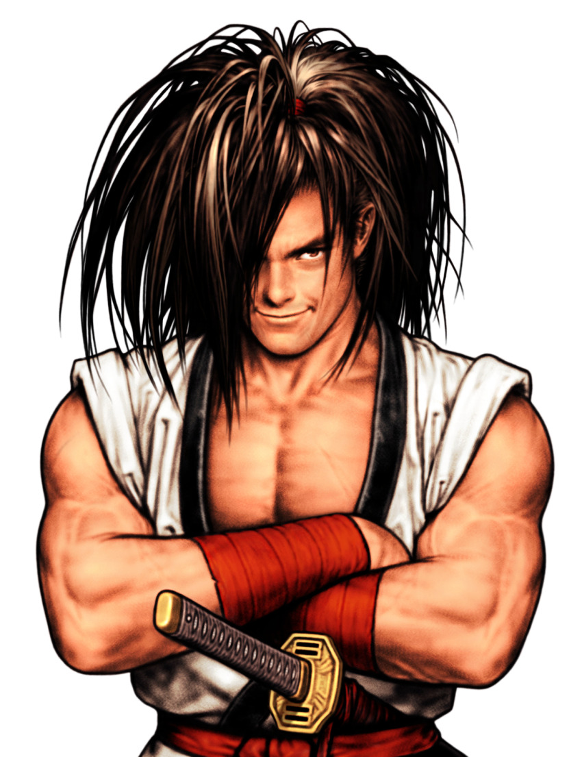 1boy black_hair capcom_vs_snk_2 crossed_arms dougi game_cg hair_over_one_eye haoumaru highres holding japanese_clothes katana long_hair male_focus mori_toshiaki muscular muscular_male non-web_source official_art ponytail samurai samurai_spirits sheath sheathed sideways_glance smile snk solo sword weapon wrist_wrap