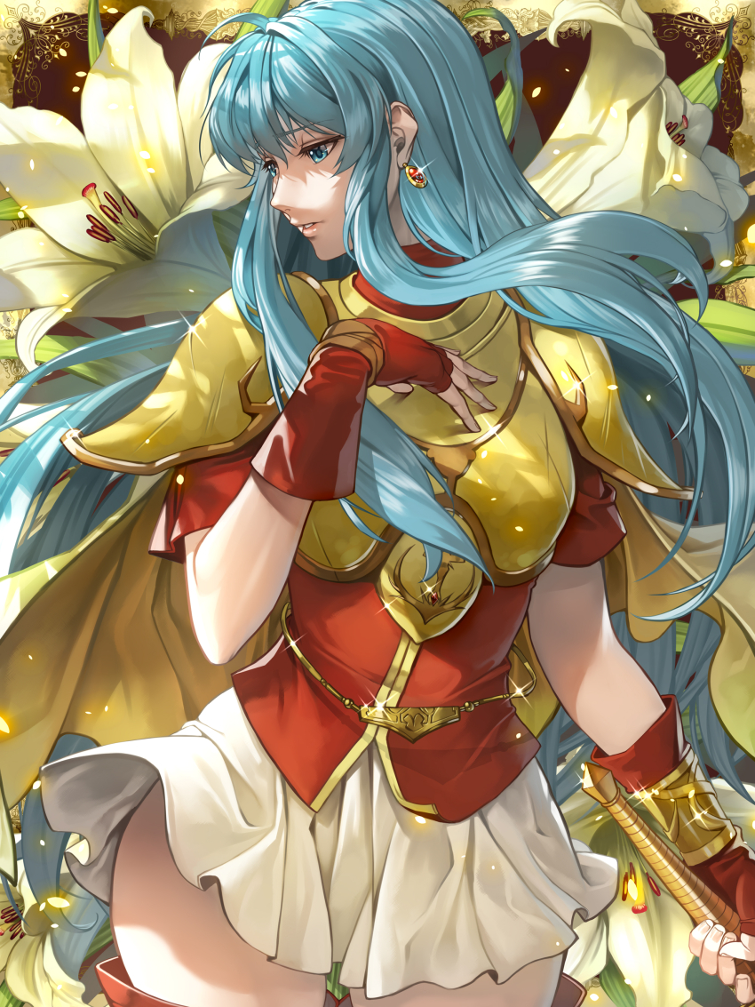 1girl absurdres armor blue_eyes blue_hair breastplate cape cowboy_shot delsaber earrings eirika_(fire_emblem) fingerless_gloves fire_emblem fire_emblem:_the_sacred_stones floating_hair floral_background flower glint gloves hair_between_eyes hand_up highres holding jewelry light_particles lily_(flower) long_hair nintendo parted_lips pauldrons pleated_skirt red_gloves red_shirt shirt short_sleeves shoulder_armor skirt solo standing teeth thighs turning_head very_long_hair white_flower white_skirt yellow_cape
