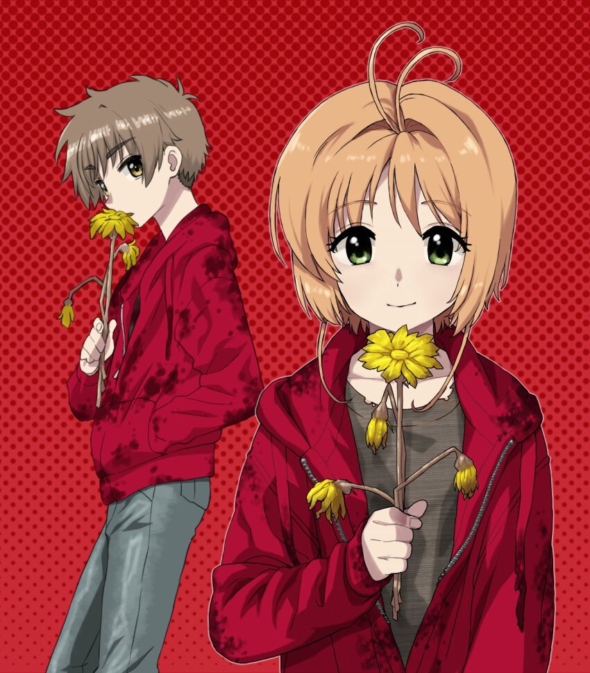 1boy 1girl ahoge brown_eyes brown_hair brown_shirt cardcaptor_sakura closed_mouth denim flower green_eyes highres holding holding_flower jacket kinomoto_sakura li_syaoran long_sleeves looking_at_viewer polka_dot polka_dot_background red_background red_jacket shirt short_hair smile tareme upper_body wakaho_riku yellow_flower