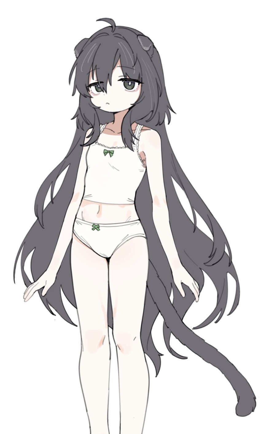 1girl ahoge animal_ears bare_arms bare_legs bare_shoulders bow breasts camisole collarbone full_body hair_between_eyes highres hufy long_hair navel original panties simple_background small_breasts solo standing tail underwear underwear_only very_long_hair white_background