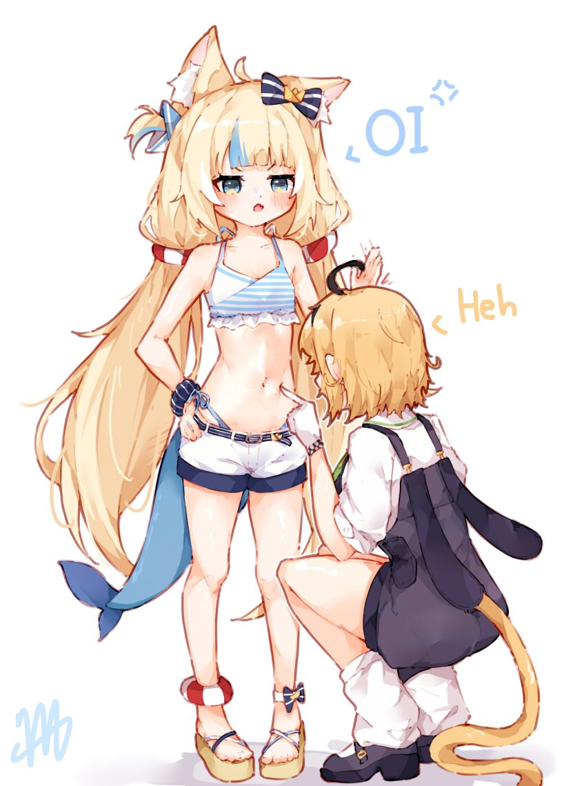 2girls absurdres ahoge animal_ear_fluff animal_ears bikini bikini_under_shorts black_dress blonde_hair blue_bikini blue_eyes blue_hair blush breasts cat_ears cat_tail commentary dooby_(vtuber) dress english_commentary fins fish_girl fish_tail highleg highleg_bikini highres indie_virtual_youtuber lifebuoy_hair_ornament long_hair loose_socks low_twintails ma_draws mouse_tail multicolored_hair multiple_girls navel open_mouth pinafore_dress platform_sandals poking_belly sameko_saba sandals shirt short_hair short_shorts short_sleeves shorts simple_background sleeveless sleeveless_dress small_breasts socks squatting streaked_hair striped_bikini striped_clothes swimsuit tail toes twintails two-tone_hair very_long_hair white_background white_shirt white_shorts white_socks