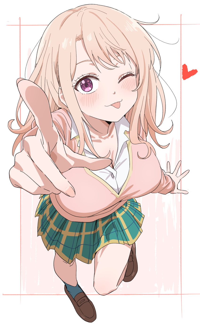 1girl absurdres arm_up blonde_hair blush cardigan commentary_request from_above green_skirt heart highres index_finger_raised kawai_mona kuroiwa_medaka_ni_watashi_no_kawaii_ga_tsuujinai loafers long_hair long_sleeves looking_at_viewer miniskirt one_eye_closed pink_cardigan plaid_clothes plaid_skirt pointing pointing_at_viewer purple_eyes school_uniform shirt shoes sincos skirt smile solo standing standing_on_one_leg tongue tongue_out white_shirt