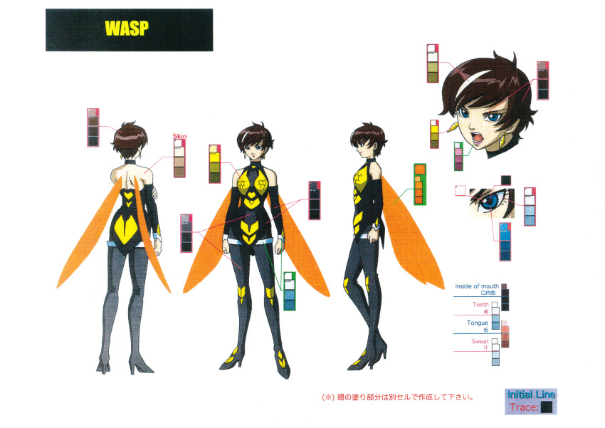 1girl absurdres armor avengers_(series) blue_eyes breasts brown_hair reference_sheet collarbone disk_wars_avengers fingerless_gloves full_body gloves highres insect_wings janet_van_dyne looking_at_viewer marvel medium_breasts multiple_views official_art short_hair sky thighs wasp_(marvel) wings