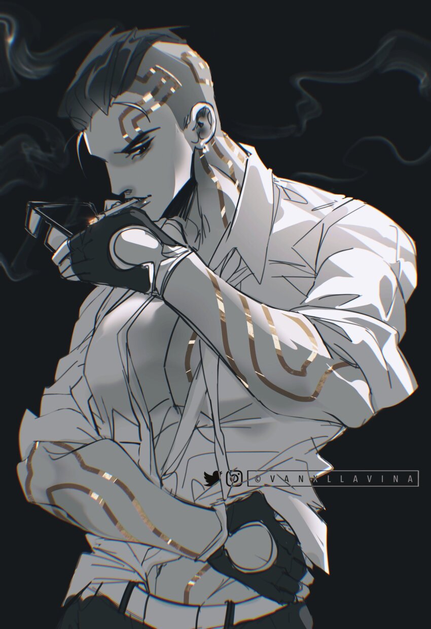 1boy belt chamber_(valorant) cigarette collared_shirt commentary commentary_request cowboy_shot english_commentary fingerless_gloves gloves greyscale highres holding holding_removed_eyewear instagram_logo instagram_username looking_at_viewer male_focus monochrome shirt simple_background sleeves_rolled_up smoke solo twitter_logo twitter_username undercut unworn_eyewear valorant vanxllavina