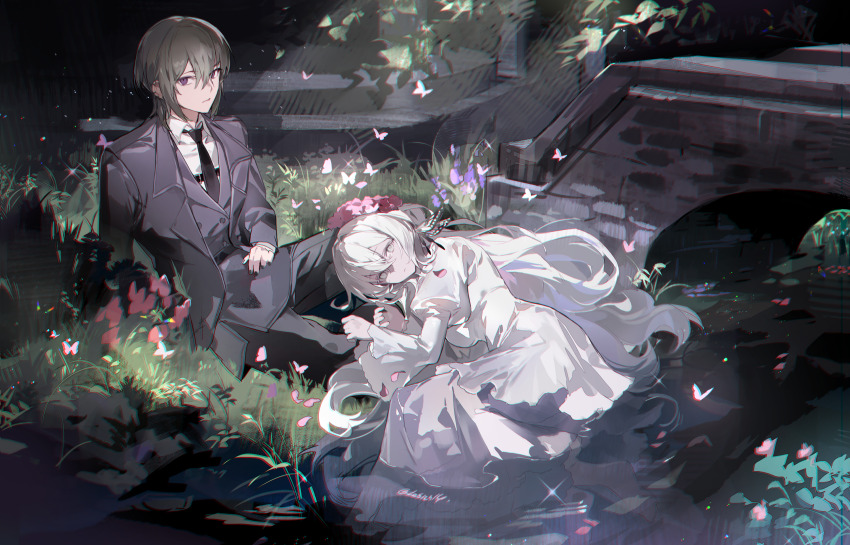 1boy 1girl breasts bridge brown_hair bug butterfly closed_mouth commission dress grey_jacket grey_pants highres insect jacket looking_at_viewer lying medium_breasts medium_hair original pants pink_butterfly purple_eyes sitting twice12314 water white_dress white_eyes white_hair