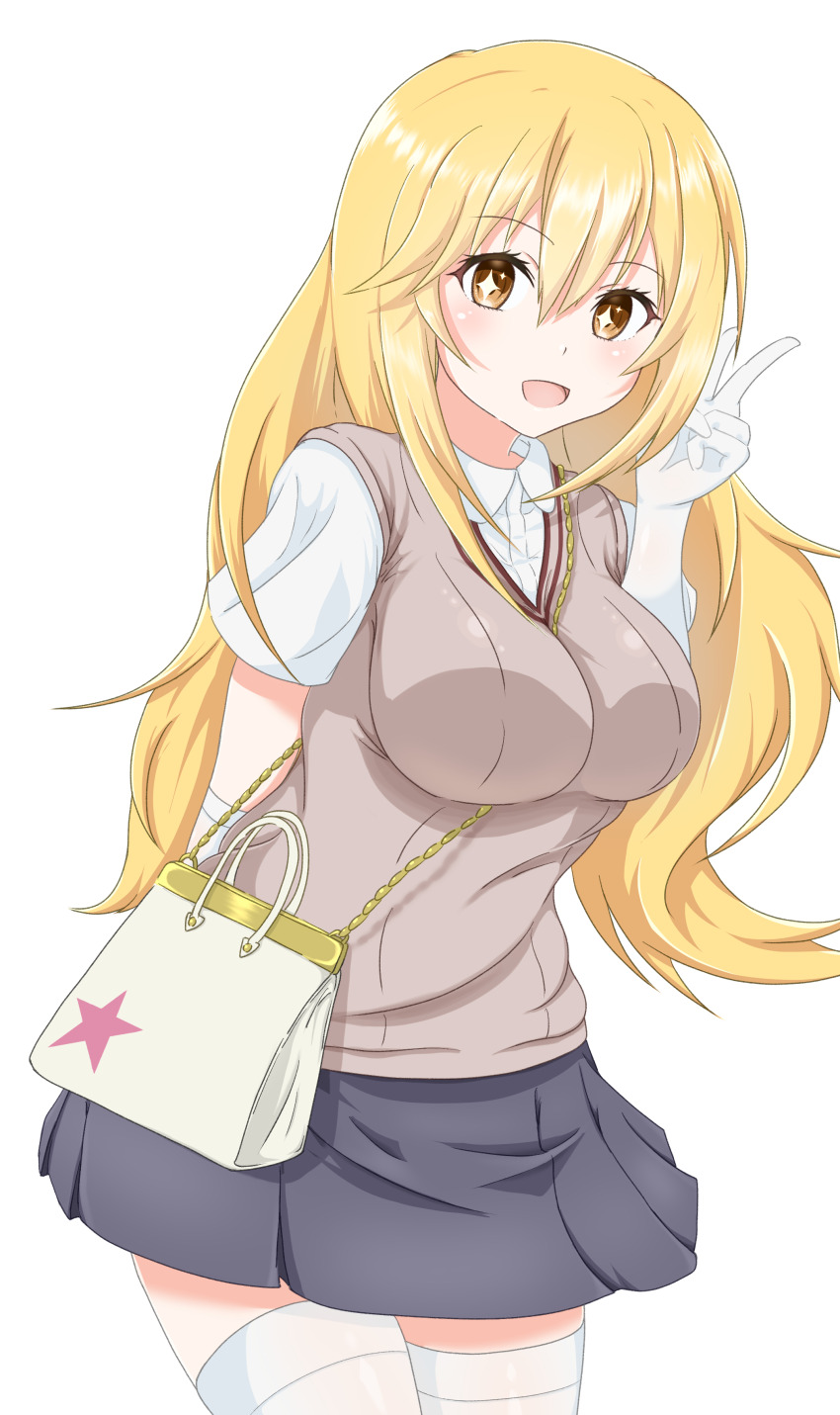 1girl :d absurdres bag blonde_hair breasts brown_sweater_vest chain chain_between_breasts collared_shirt commentary_request gloves grey_skirt hair_between_eyes handbag highres large_breasts long_hair looking_at_viewer miniskirt no_emblem open_mouth pleated_skirt school_uniform shiitake05 shirt shokuhou_misaki short_sleeves skirt smile solo sparkling_eyes star_(symbol) star_print sweater_vest thighhighs toaru_kagaku_no_mental_out toaru_kagaku_no_railgun toaru_majutsu_no_index tokiwadai_school_uniform v very_long_hair white_gloves white_shirt white_thighhighs yellow_eyes