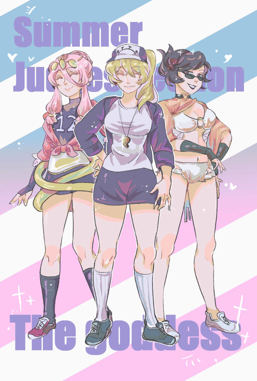 3girls aeon_(skullgirls) alternate_costume alternate_hairstyle bikini blonde_hair bridal_gauntlets brown_hair choker closed_eyes double_(skullgirls) gloves highres hourglass jacket marysue multiple_girls navel pink_background pink_hair shorts siblings sisters skullgirls smile socks striped_background sunglasses swimsuit venus_(skullgirls) visor_cap whistle