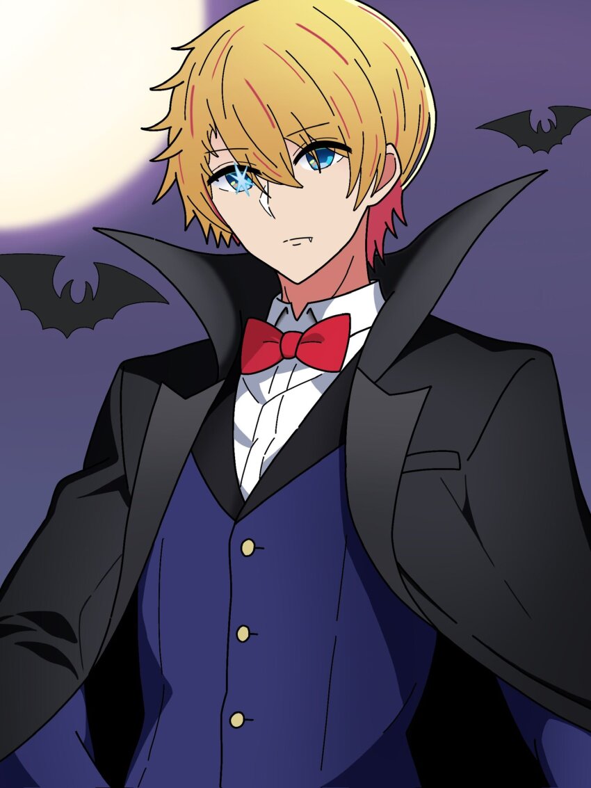 1boy bat_(animal) black_jacket blonde_hair blue_eyes bokutaaaa bow bowtie halloween halloween_costume highres hoshino_aquamarine jacket moon oshi_no_ko red_bow red_bowtie shirt sweater_vest upper_body vampire vest white_shirt