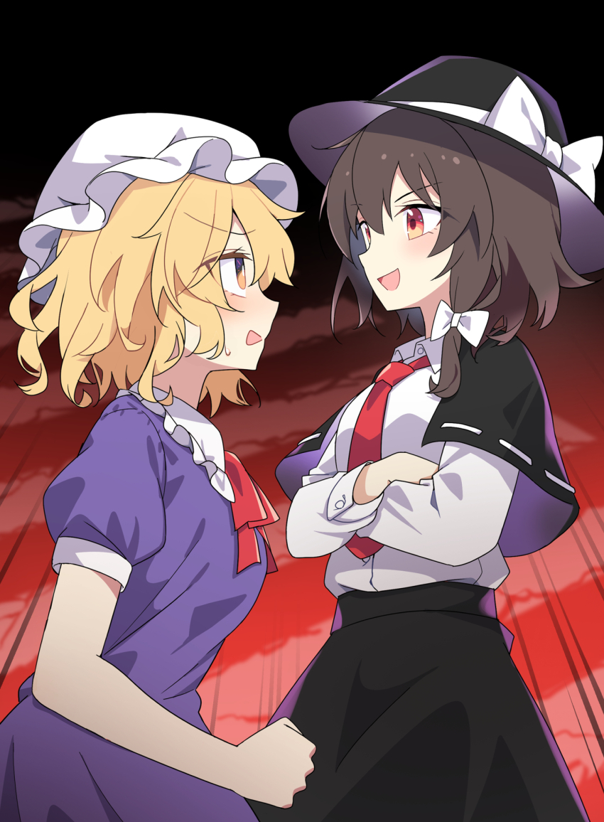 2girls :d black_capelet black_hat black_skirt blonde_hair bow breasts brown_hair capelet clenched_hand commentary_request crossed_arms dress e.o. hat hat_bow highres long_skirt long_sleeves maribel_hearn mob_cap multiple_girls neck_ribbon necktie open_mouth puffy_short_sleeves puffy_sleeves purple_dress red_eyes red_necktie red_ribbon ribbon ribbon-trimmed_capelet ribbon_trim shirt short_hair short_sleeves skirt small_breasts smile touhou usami_renko white_bow white_hat white_shirt yellow_eyes