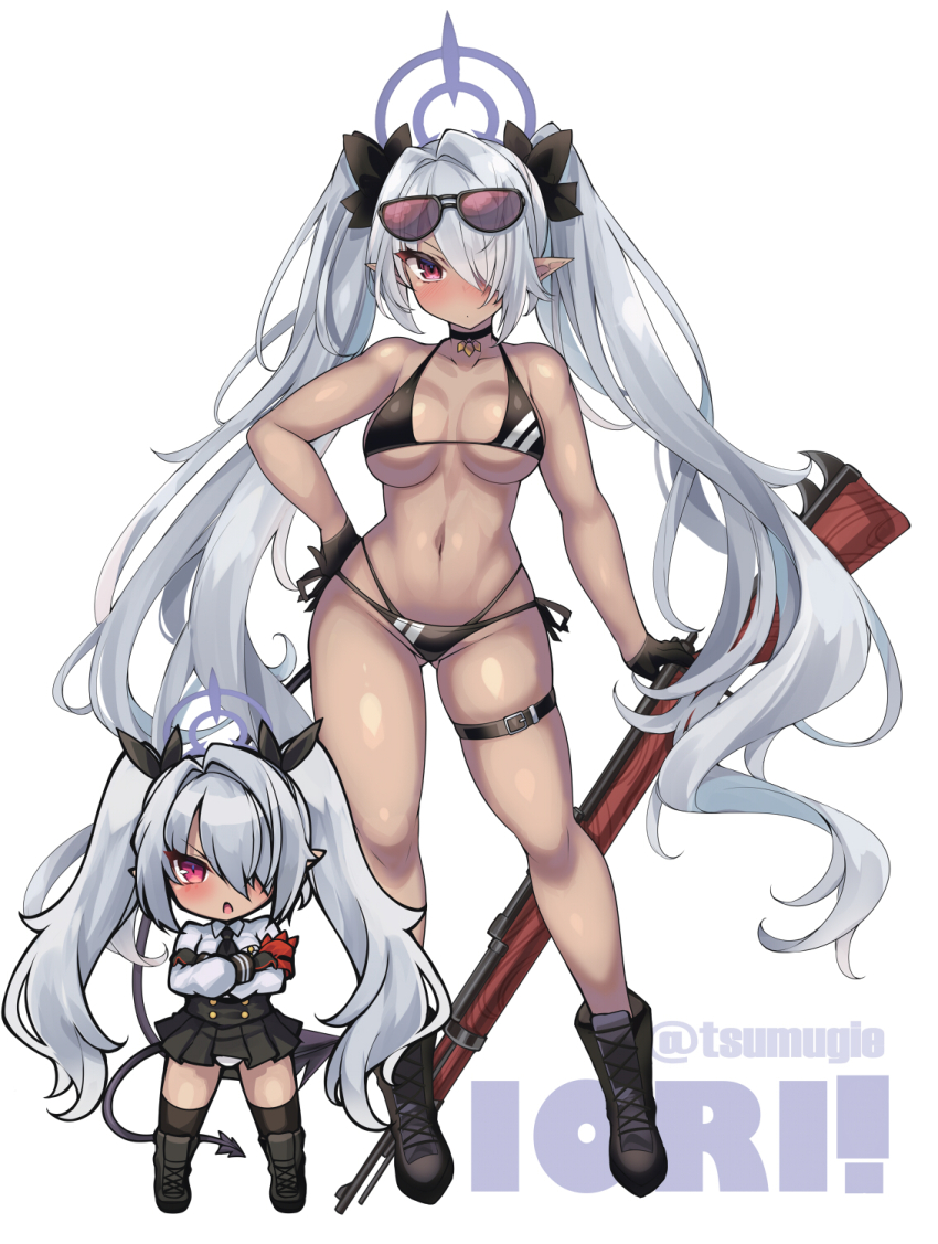1girl akikaze_tsumuji bikini black_bikini black_boots black_gloves black_skirt blue_archive boots breasts character_name dark-skinned_female dark_skin demon_tail eyewear_on_head full_body gloves gluteal_fold grey_hair gun hair_over_one_eye halo hand_on_own_hip highres holding holding_gun holding_weapon iori_(blue_archive) iori_(swimsuit)_(blue_archive) long_hair looking_at_viewer medium_breasts navel official_alternate_costume pointy_ears purple_halo red_eyes simple_background skirt solo sunglasses swimsuit tail twintails weapon white_background