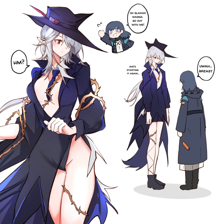 2girls arknights arya_melati between_breasts black_coat black_dress black_hair breast_awe breasts closed_mouth coat commentary doctor_(arknights) dress english_commentary english_text female_doctor_(arknights) flying_sweatdrops gladiia_(arknights) gradient_clothes gradient_dress grey_hair groin hair_over_one_eye hat highres long_hair long_sleeves looking_at_breasts medium_breasts medium_hair multiple_girls necktie necktie_between_breasts one_eye_covered plant plunging_neckline purple_dress purple_hat purple_necktie red_eyes simple_background speech_bubble thorns vines white_background yuri