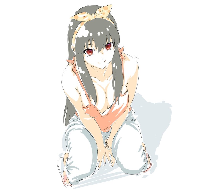 1girl black_hair breasts cleavage collarbone commentary_request from_above highres large_breasts long_hair looking_at_viewer mitsugu red_eyes simple_background smile spy_x_family white_background yor_briar