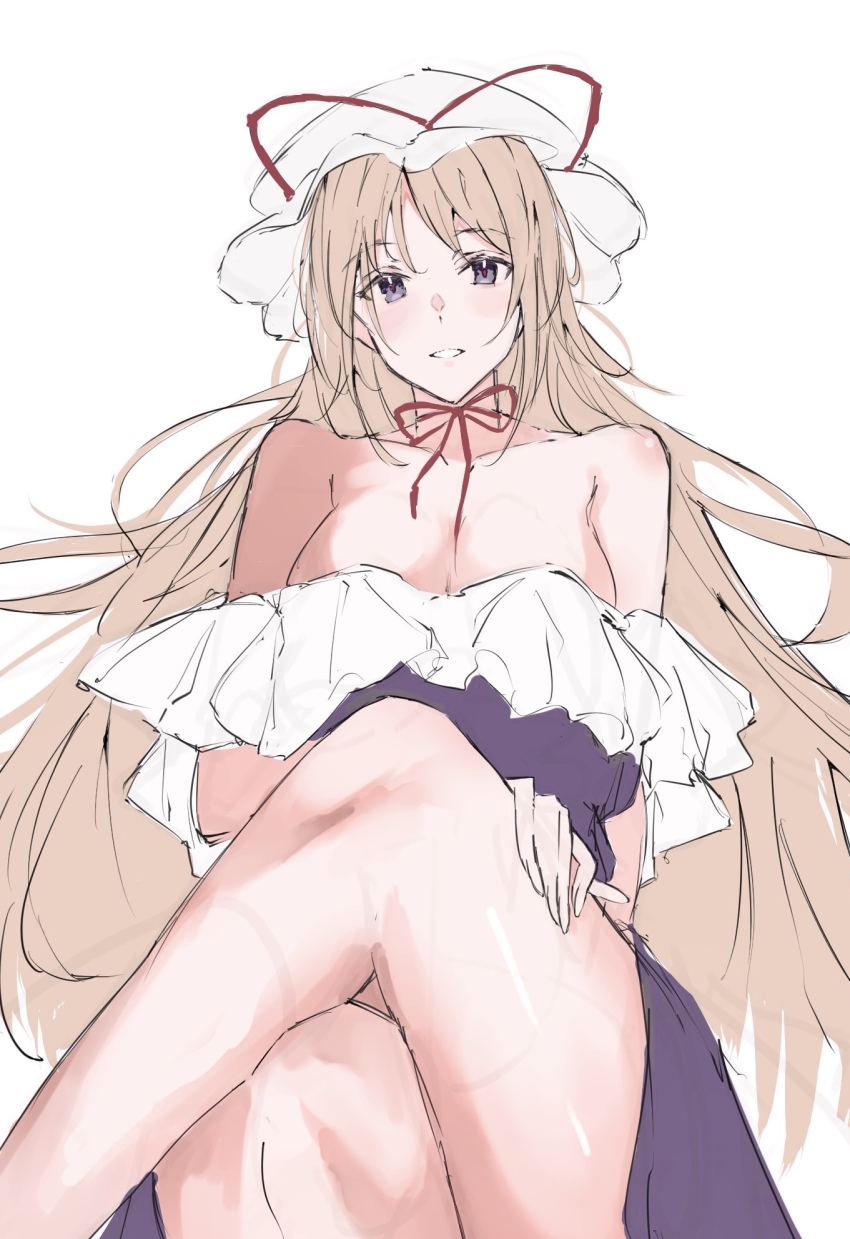 1girl bare_shoulders blonde_hair blue_eyes breasts cleavage collarbone crossed_legs dress frilled_hat frills hair_ribbon hand_on_own_thigh hat highres large_breasts light_blush long_hair looking_at_viewer mob_cap no_bra parted_lips po_(anhk5528) purple_dress red_ribbon ribbon simple_background smile solo strapless strapless_dress thick_thighs thighs touhou very_long_hair white_background yakumo_yukari