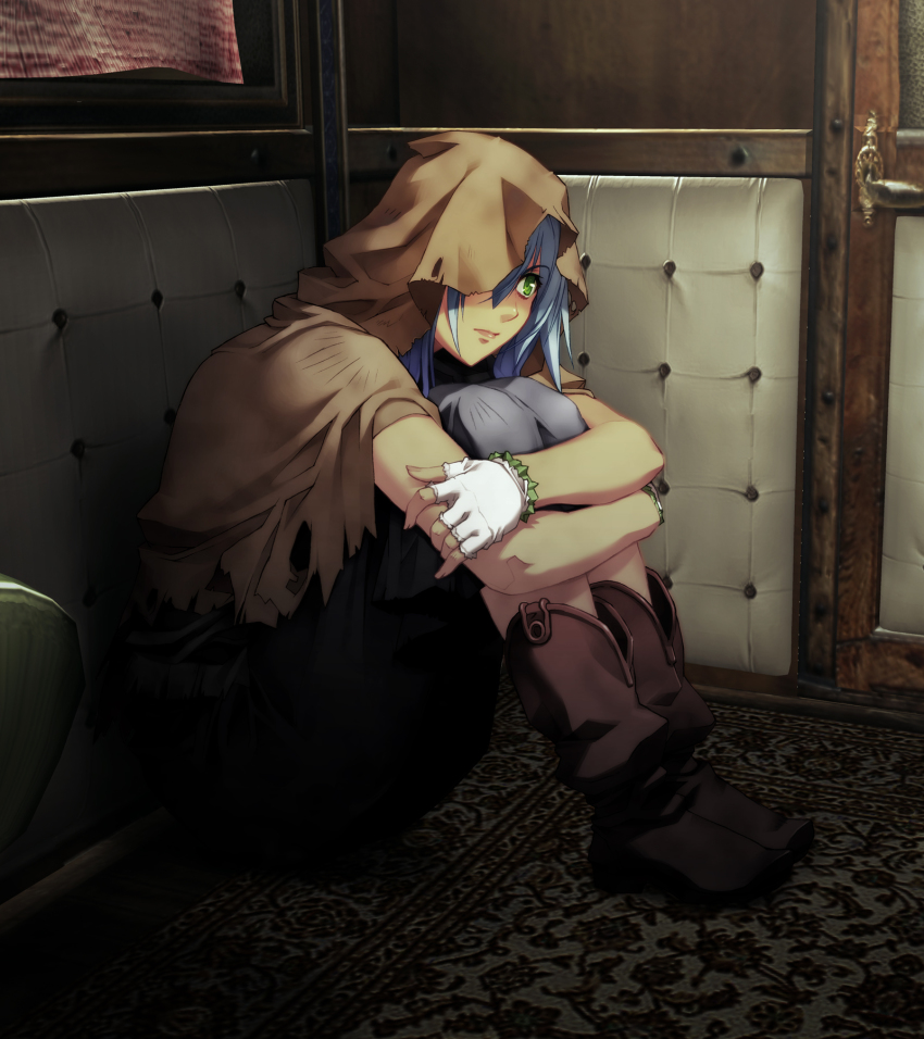 1girl blue_hair boots brown_boots door female_focus fingerless_gloves franco_il_nero game_cg gloves green_eyes head_tilt highres holding_own_arm hood indoors lips long_hair nishii_(damnedrive) nitroplus one_eye_covered sitting solo torn_clothes zoku_satsuriku_no_django