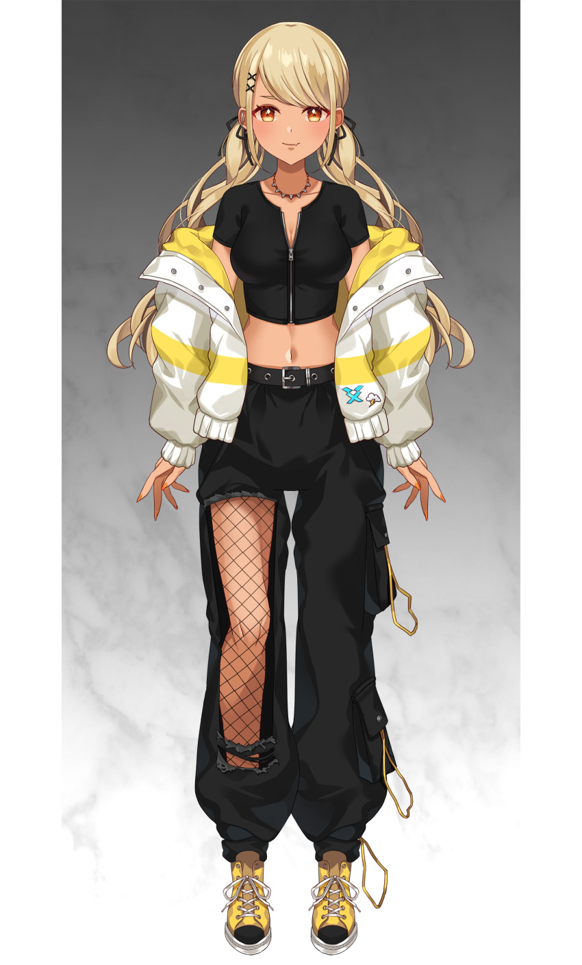 1girl absurdres black_pants black_ribbon blonde_hair blush border breasts brown_eyes cleavage closed_mouth collarbone crop_top fujishiro_kokoa full_body hair_ornament hair_ribbon highres kaminari_qpi kaminari_qpi_(2nd_costume) long_hair looking_at_viewer medium_breasts medoi midriff nail_polish navel orange_nails pants partially_unzipped pillarboxed ribbon shoes smile sneakers solo standing stomach swept_bangs torn_clothes torn_pants twintails very_long_hair virtual_youtuber vspo! white_border x_hair_ornament yellow_shoes