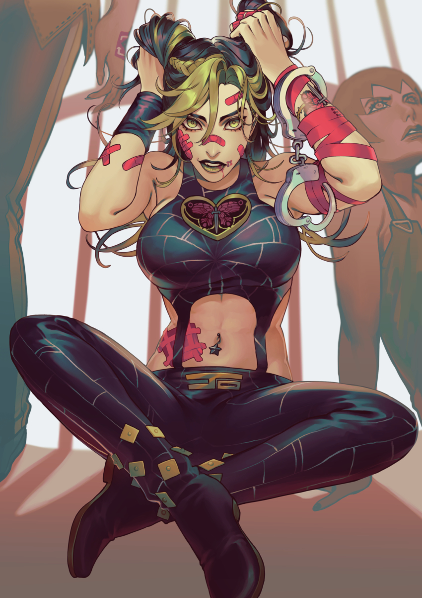 3girls arm_tattoo arm_wrap arms_up bandaid bandaid_on_arm bandaid_on_face bandaid_on_hand bandaid_on_nose bars black_hair blue_footwear blue_pants braid breasts butterfly_tattoo crossed_bandaids cuffs double_bun ermes_costello foo_fighters_(jojo) green_eyes green_hair green_lips hair_bun handcuffs hands_in_hair highres indian_style jojo_no_kimyou_na_bouken kiss_(stand) kuujou_jolyne legging_boots long_hair looking_at_viewer multicolored_hair multiple_girls navel navel_piercing out_of_frame pants partially_colored piercing shadow short_hair sitting sleeveless stand_(jojo) standing stomach stone_ocean tattoo two-tone_hair ultracat wristband