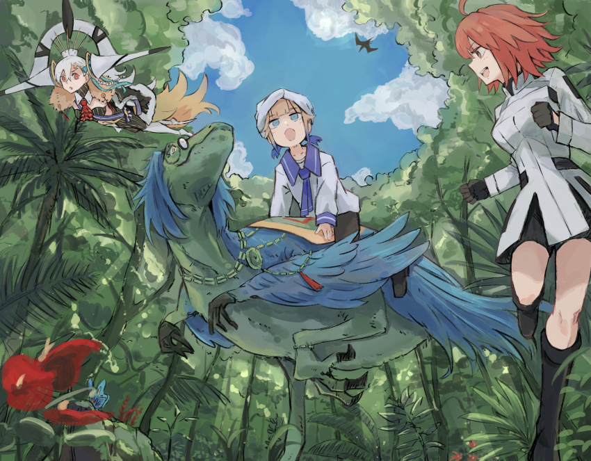 1boy 2girls ahoge androgynous ascot black_gloves blue_hair braid breasts cape chaldea_uniform chitake clothing_cutout detached_horns dinosaur dress fate/grand_order fate_(series) flying forest fujimaru_ritsuka_(female) fujimaru_ritsuka_(female)_(decisive_battle_chaldea_uniform) fur-trimmed_cape fur_trim glasses gloves gradient_hair hair_between_eyes hat highres horns huge_horns jacket long_braid long_hair long_horns long_sleeves marine_nemo_(fate) medium_breasts multicolored_hair multiple_girls nahui_mictlan_(fate/grand_order) nature nemo_(fate) official_alternate_costume olga_marie_animusphere open_mouth orange_eyes orange_hair outdoors raptor sailor_collar shirt short_hair side_braid single_horn smile stomach_cutout striped_bodysuit tepeu_(fate) turban u-olga_marie white_dress white_hair white_jacket yellow_horns