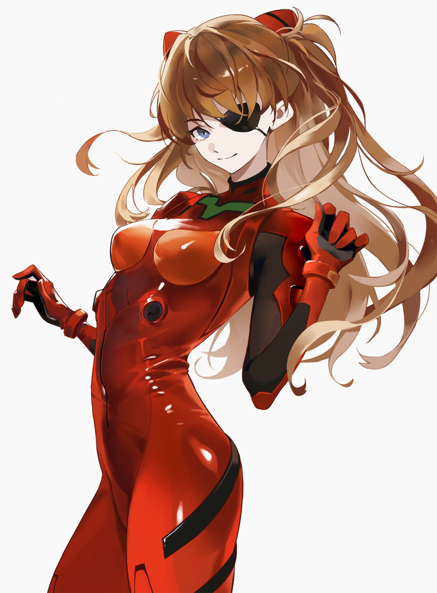1girl artist_request blue_eyes blush bodysuit breasts brown_hair cowboy_shot eyepatch floating_hair hair_between_eyes highres long_hair looking_at_viewer lying mecha_pilot_suit neon_genesis_evangelion on_back plugsuit_(evangelion) rebuild_of_evangelion red_bodysuit shiny_clothes simple_background smile solo souryuu_asuka_langley title tsundere turtleneck two_side_up very_long_hair wide_hips