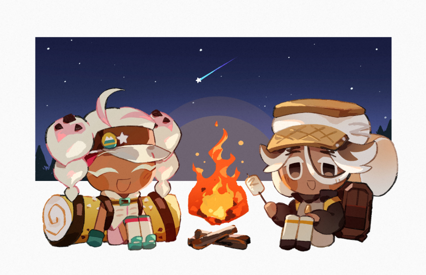 1boy 1girl :d ^_^ ahoge aqua_shoes backpack bag bare_shoulders border braid brown_bag brown_eyes brown_hair brown_hat brown_shoes campfire cannoli_cookie closed_eyes commentary_request cookie_run cookie_run:_ovenbreak fire food food-themed_hat full_body gloves green_gloves hand_on_own_knee hat highres holding holding_stick hood hood_down hoodie kneehighs long_sleeves marshmallow melvi0 multicolored_hair night open_mouth outdoors outside_border pants pine_tree puffy_long_sleeves puffy_sleeves roasted_marshmallow s&#039;more_cookie shoes shooting_star sleeveless sleeveless_hoodie smile socks star_(symbol) stick tree twin_braids two-tone_hair white_border white_hair white_hat white_hoodie white_pants white_socks