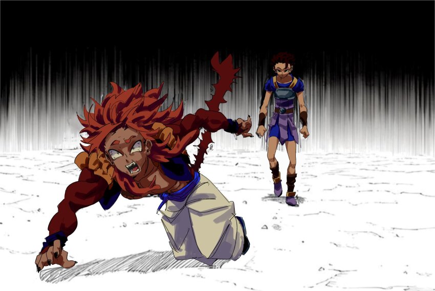 2boys belt black_hair black_nails blue_sash blue_shirt blue_shorts bracer cabba clenched_hands comic_panel_redraw commentary dark-skinned_male dark_skin derivative_work dragon_ball dragon_ball_gt dragon_ball_super english_commentary fleeing gogeta highres in-franchise_crossover jujutsu_kaisen kneeling long_hair male_focus monkey_tail multiple_boys nyangog1 on_floor open_mouth pants pectorals purple_footwear red_hair saiyan_armor sash shirt short_sleeves shorts super_saiyan super_saiyan_4 tail teeth thick_eyebrows tongue two-tone_vest v-shaped_eyes vest white_pants