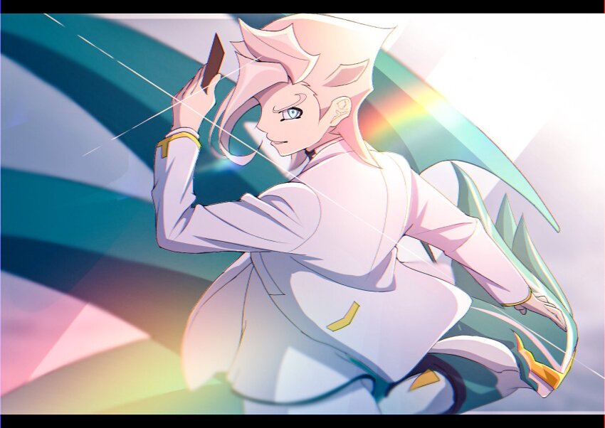 1boy atltax_00 black_border blonde_hair blue_eyes border card dappled_sunlight duel_monster facing_away facing_to_the_side flying grin holding holding_card jacket light_particles looking_back male_focus midair open_clothes open_jacket open_mouth outdoors outstretched_arm pants parted_bangs parted_hair pointy_ears shirt smile spectre_(yu-gi-oh!) sunlight turning_head white_background white_jacket white_pants white_shirt wind yellow_trim yu-gi-oh! yu-gi-oh!_vrains