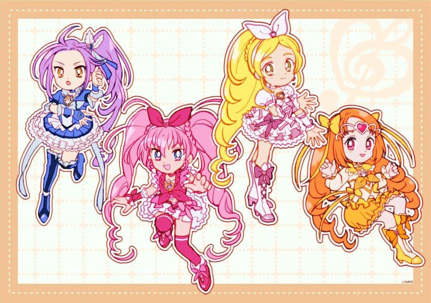 blonde_hair blue_arm_warmers blue_boots blue_bow blue_bowtie blue_choker blue_eyes blue_flower blue_rose blue_shirt blue_skirt boots border bow bow_hairband bow_skirt bowtie box braid bright_pupils brooch bubble_skirt capelet chibi choker circle_skirt circlet claw_pose closed_mouth cropped_shirt crown_braid cure_beat cure_melody cure_muse_(yellow) cure_rhythm deformed determined dot_nose dotted_line dress dress_bow earrings eyelashes feather_hair_ornament feathers flower footwear_bow forehead frilled_arm_warmers frilled_capelet frilled_dress frilled_footwear frilled_shirt frilled_skirt frilled_sleeves frilled_wrist_cuffs frills full_body green_eyes grey_shirt grid_background hair_between_eyes hair_bow hair_ornament hair_ribbon hairband happy heart heart_brooch heart_earrings heart_hair_ornament high_heel_boots high_heels high_ponytail highres houjou_hibiki instrument jewelry knee_boots knee_up kurokawa_eren lace-up_boots leg_up long_hair long_sleeves looking_at_viewer magical_girl minamino_kanade miniskirt neckerchief open_mouth orange_border orange_bow orange_hair outline outside_border over-kneehighs petticoat pink_boots pink_bow pink_bowtie pink_eyes pink_hair pink_shirt pink_skirt pink_socks pink_vest pink_wrist_cuffs pleated_dress ponytail precure puffy_short_sleeves puffy_sleeves purple_bow purple_hair ribbon rose shirabe_ako shirt short_dress short_sleeves sidelocks signature skirt sleeveless sleeveless_shirt sleeves_past_wrists smile socks square_neckline standing suite_precure tareme thigh_boots thighhighs treble_clef tsurime twintails twintails_with_braided_base two-tone_skirt uwded_207 very_long_hair vest wavy_hair white_boots white_bow white_bowtie white_choker white_dress white_hairband white_outline white_pupils white_skirt white_wrist_cuffs wrist_bow wrist_cuffs yellow_boots yellow_bow yellow_capelet yellow_choker yellow_eyes yellow_neckerchief yellow_skirt
