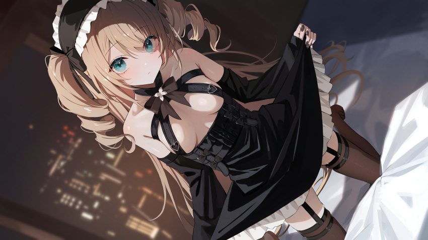 1girl absurdres alternate_hairstyle aogiri_koukou aqua_eyes bare_shoulders black_dress black_garter_straps black_thighhighs breasts breasts_apart brown_hair cityscape closed_mouth detached_sleeves dress drill_hair expressionless garter_straps hairband highres indoors kkix25 kneeling kurikoma_komaru large_breasts long_hair long_sleeves looking_at_viewer night on_bed sleeveless sleeveless_dress solo thighhighs twin_drills virtual_youtuber