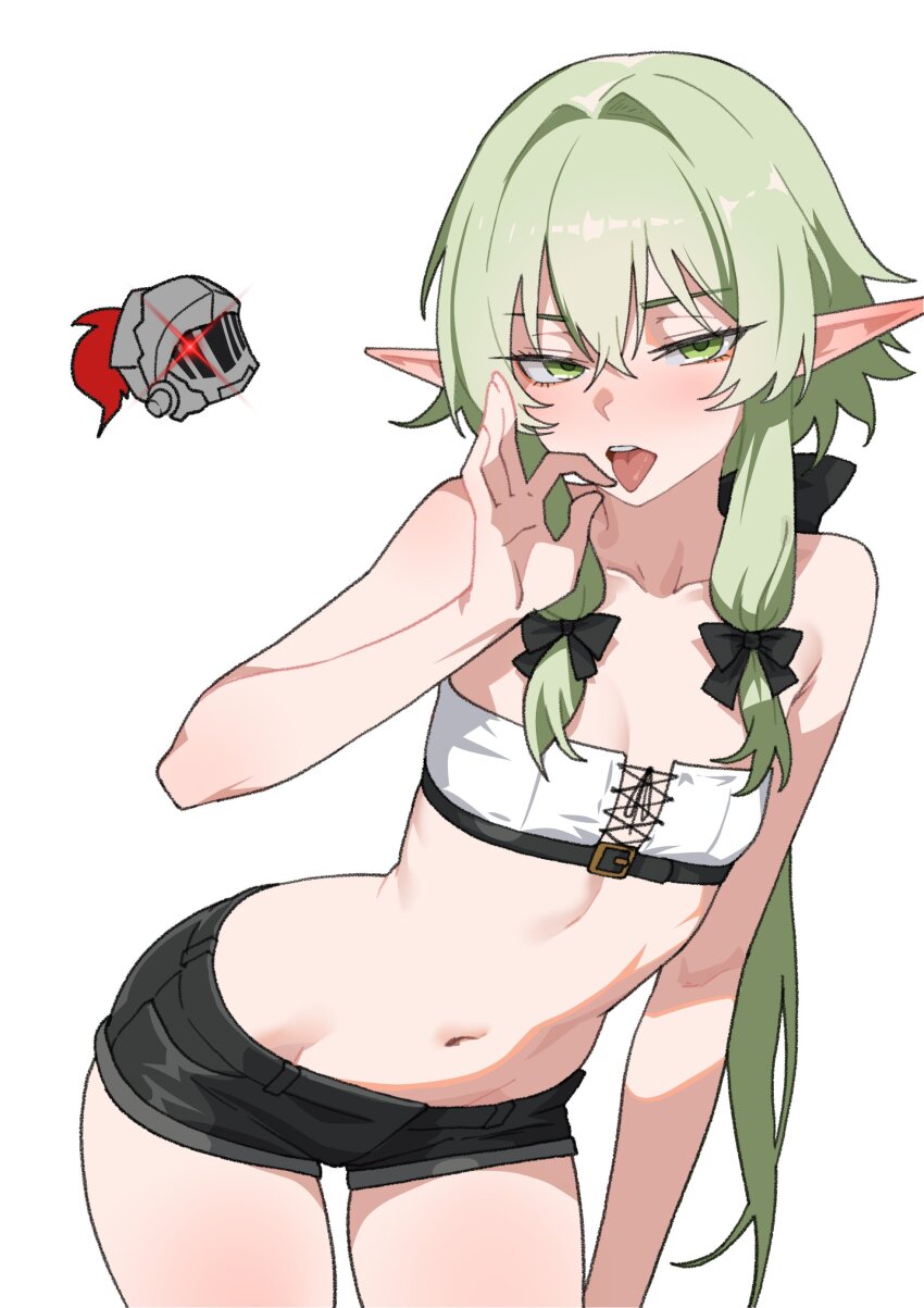 1boy 1girl absurdres bare_shoulders belt_buckle black_bow black_shorts bow breasts buckle collarbone commentary elf english_commentary fellatio_gesture glowing glowing_eye goblin_slayer goblin_slayer! green_eyes green_hair hair_between_eyes hair_bow helmet high_elf_archer_(goblin_slayer!) highres kuso_otoko light_blush long_hair midriff navel open_mouth pointy_ears ponytail short_shorts shorts simple_background small_breasts solo strapless teeth tongue tongue_out upper_teeth_only very_long_hair white_background