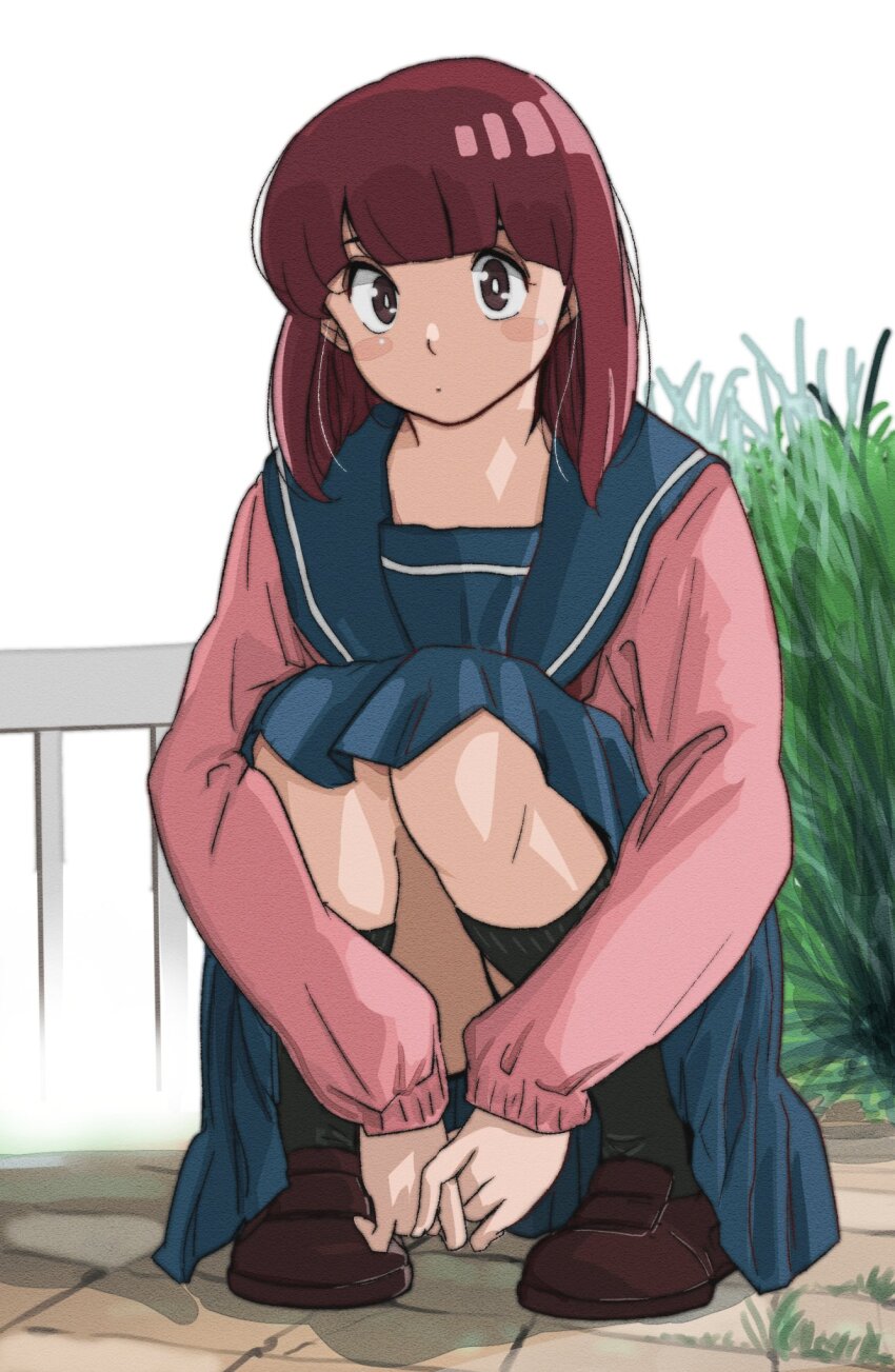 1girl black_eyes black_socks blue_sailor_collar blue_skirt brown_hair brown_shoes closed_mouth commentary dot_mouth grass highres jacket loafers long_skirt long_sleeves looking_at_viewer medium_hair miyake_shinobu outdoors own_hands_together pink_jacket poppowerhearts sailor_collar school_uniform shoes skirt sleeves_past_wrists socks solo squatting thighs upskirt urusei_yatsura white_background