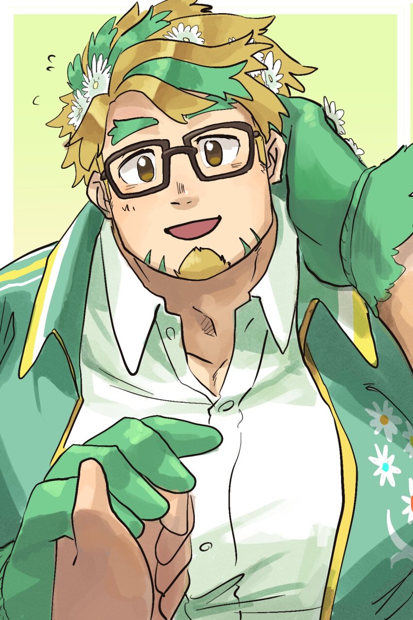 1boy bara facial_hair fat fat_man flower flustered flying_sweatdrops glasses goatee green_hair hair_flower hair_ornament hand_on_own_neck highres hippolytus_(housamo) holding_hands large_hands light_blush light_brown_hair male_focus multicolored_hair obese pov pov_hands short_hair sideburns sideburns_stubble solo solo_focus streaked_hair stubble thick_eyebrows tokyo_houkago_summoners two-tone_beard upper_body yaoi yume_00kami