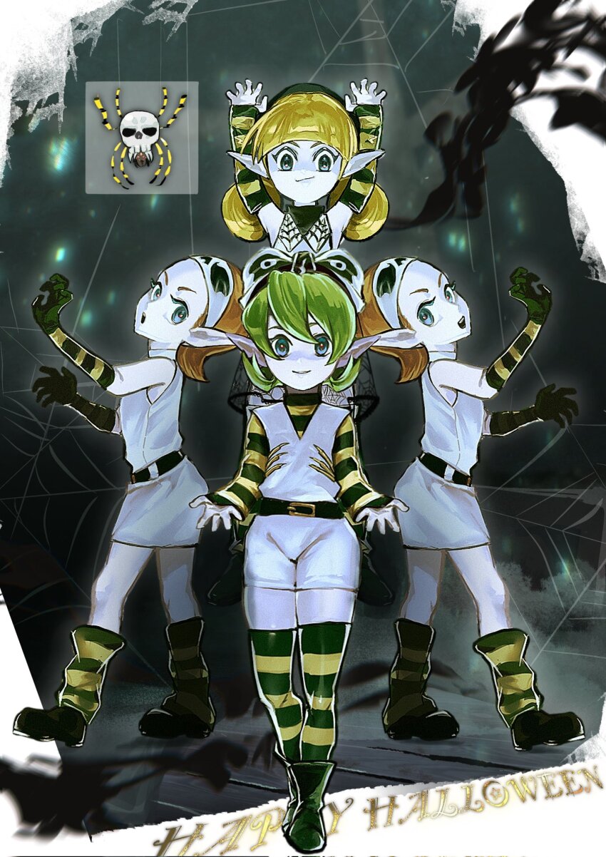 4girls alternate_costume arms_up belt blonde_hair blue_eyes boots bow claw_pose cosplay fado_(ocarina_of_time) green_hair grey_background hair_bow hairband halloween highres kokiri looking_at_viewer multiple_girls nintendo open_mouth pointy_ears red_hair redheaded_kokiri_girl saria_(zelda) shorts silk skulltula skulltula_(cosplay) smile socks spider_web striped_clothes striped_sleeves striped_socks striped_thighhighs the_legend_of_zelda the_legend_of_zelda:_ocarina_of_time thighhighs togenasi_furiko tunic