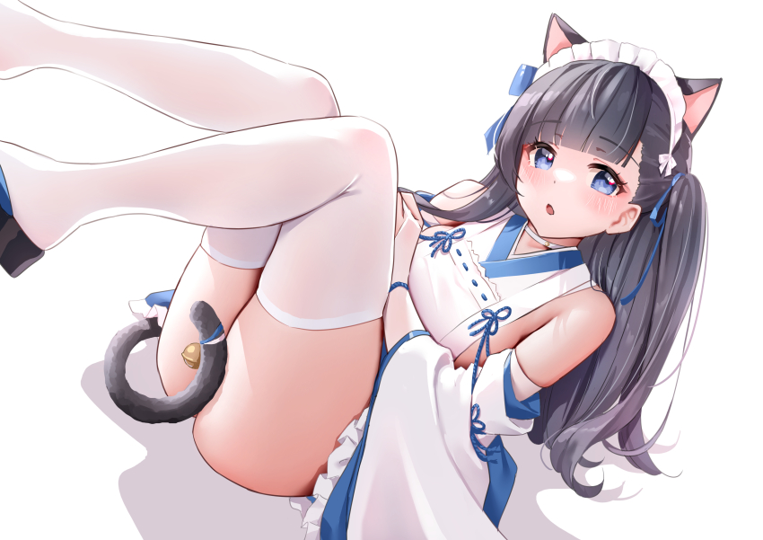 1girl absurdres animal_ears azur_lane bell black_hair blue_eyes blush cat_ears cat_girl classic_(zildjian33) detached_sleeves hair_ribbon hatsuharu_(azur_lane) hatsuharu_(hatsuharu&#039;s_cat_cafe_caper)_(azur_lane) highres japanese_clothes jingle_bell knees_together_feet_apart long_hair looking_at_viewer lying maid nontraditional_miko official_alternate_costume open_mouth platform_footwear ribbon sandals shelf tail tail_bell tail_censor tail_ornament two_side_up wa_maid white_background white_sleeves zouri