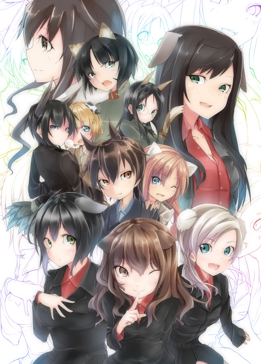 504th_joint_fighter_wing 6+girls amai_nekuta angela_salas_larrazabal animal_ears bird_tail black_hair black_jacket blonde_hair blowing_bubble_gum blowing_bubbles blue_eyes blue_jacket blue_shirt brown_hair brown_jacket brown_shirt cat_ears chewing_gum closed_mouth commentary_request dog_ears dominica_s._gentile dress_shirt fang federica_n._doglio fernandia_malvezzi finger_to_mouth frown glaring glasses green_eyes green_jacket grey_hair hand_on_another&#039;s_shoulder hand_on_own_chest head_wings high_collar highres jacket jane_t._godfrey long_hair long_sleeves looking_at_viewer luciana_mazzei martina_crespi multiple_girls nakajima_nishiki one_eye_closed open_clothes open_jacket patricia_schade profile red_shirt round_eyewear shirt short_hair smile standing strike_witches strike_witches:_kurenai_no_majo-tachi suwa_amaki tail takei_junko wing_collar wings world_witches_series zoom_layer
