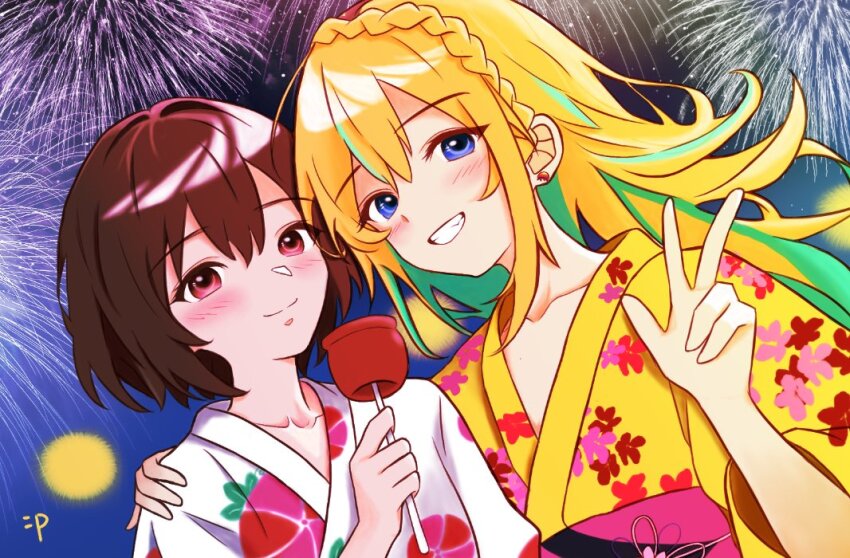 2girls aerial_fireworks blonde_hair blush braid brown_hair candy_apple clenched_teeth collarbone commentary crown_braid earrings fireworks floral_print floral_print_kimono food green_hair hair_between_eyes hand_on_another&#039;s_shoulder holding holding_food japanese_clothes jewelry kimono kouzuki_mahiru long_hair momokan_1209 multicolored_hair multiple_girls obi print_kimono red_eyes sash short_hair streaked_hair teeth upper_body w white_kimono yamanouchi_kano yellow_kimono yoru_no_kurage_wa_oyogenai