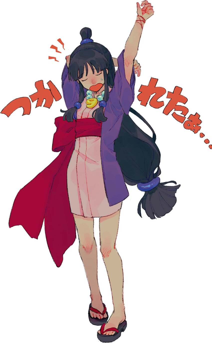 1girl ace_attorney arms_behind_head bi1m_n black_hair closed_eyes commentary_request full_body highres jewelry long_hair low-tied_long_hair magatama magatama_necklace maya_fey necklace okobo platform_sandals sandals simple_background solo stretching topknot translation_request very_long_hair white_background yawning