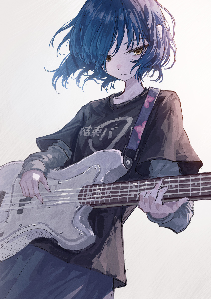 1girl absurdres bass_guitar black_shirt blue_hair bocchi_the_rock! electric_guitar endroll00 guitar hair_ornament highres holding holding_instrument instrument kessoku_band layered_sleeves leaning_back long_sleeves looking_down music playing_instrument serious shirt short_hair short_over_long_sleeves short_sleeves white_background yamada_ryo yellow_eyes